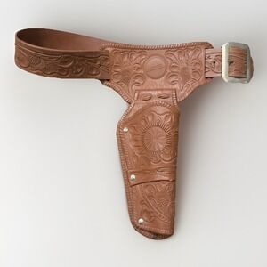 Vintage Mattel Western Toy Gun Holster Belt Brown Floral Embossed Plastic